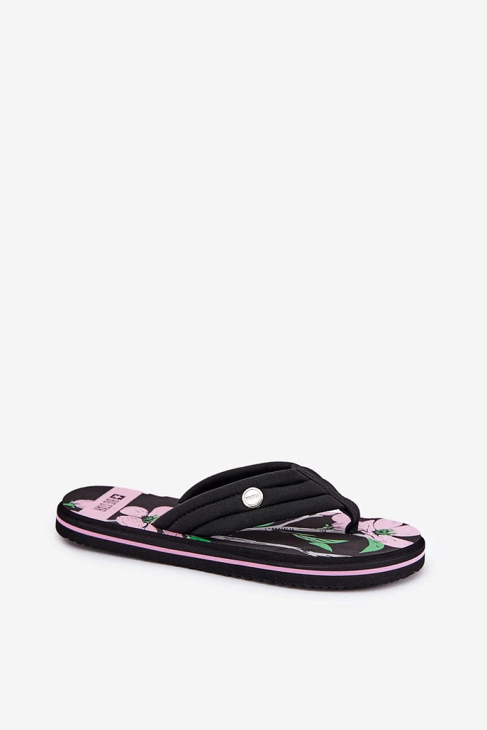 Tongs pour femmes design moderne estivales confortables légères motif floral matériau textile caoutchouc détails métalliques tailles disponibles collection été
