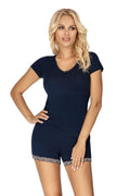 Pyjama femme bleu marine ensemble deux pièces t-shirt short ajusté nœud dentelle elasthanne viscose