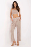 Ensemble deux pièces femme casual chic crop-top coton beige élastique taille ajustable pantalon droit large