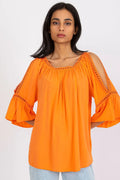 chemisier Och Bella orange vif viscose léger respirant ample fluide encolure arrondie fronces manches troisquarts coldshoulder évasées dentelle ajourée bohème