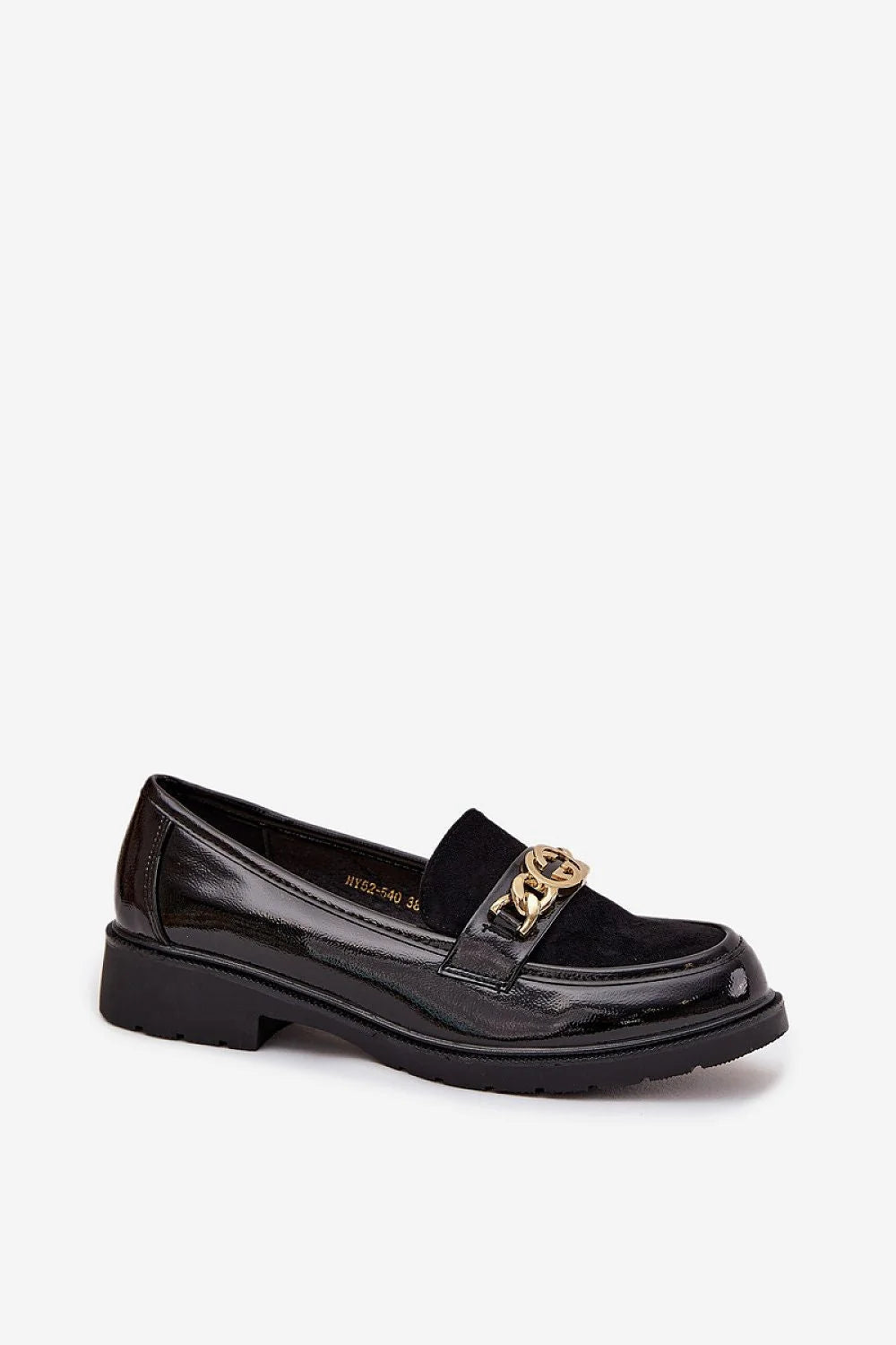 mocassins femme noirs mélange cuir verni suède bout arrondi semelle intérieure cuir souple plate crantée sangle chaîne dorée entrelacée confortable