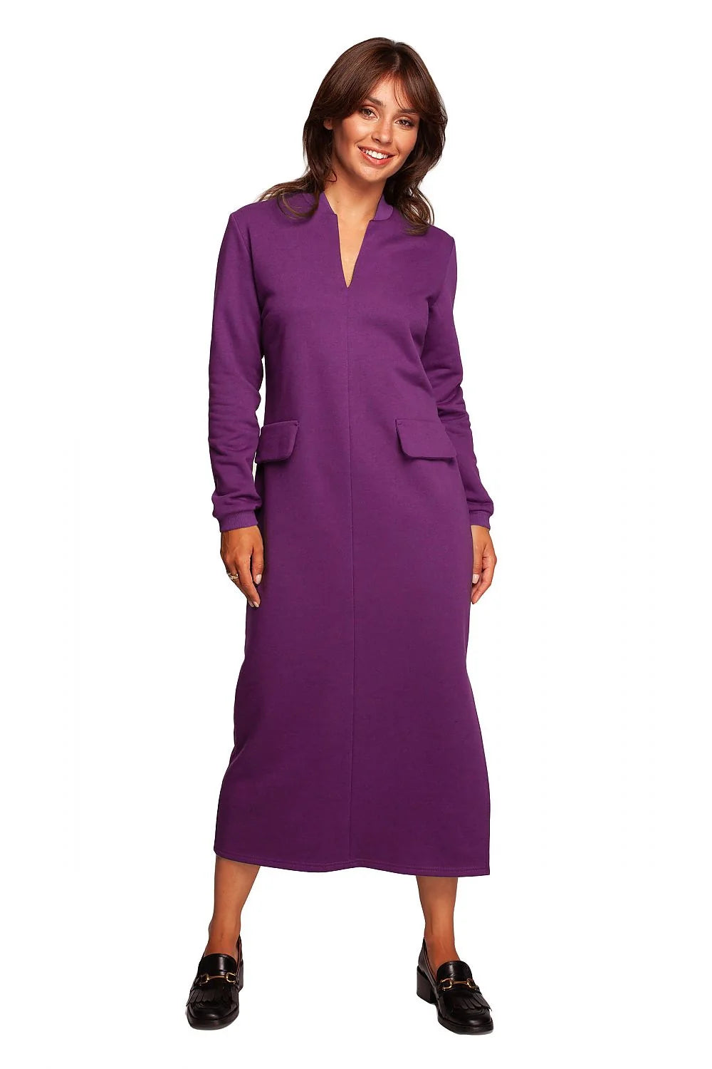 Robe de jour Be Wear longue en coton et polyester, fente haute, manches longues, encolure V, poches rabattables, style épuré, couleur violette profonde pour femme