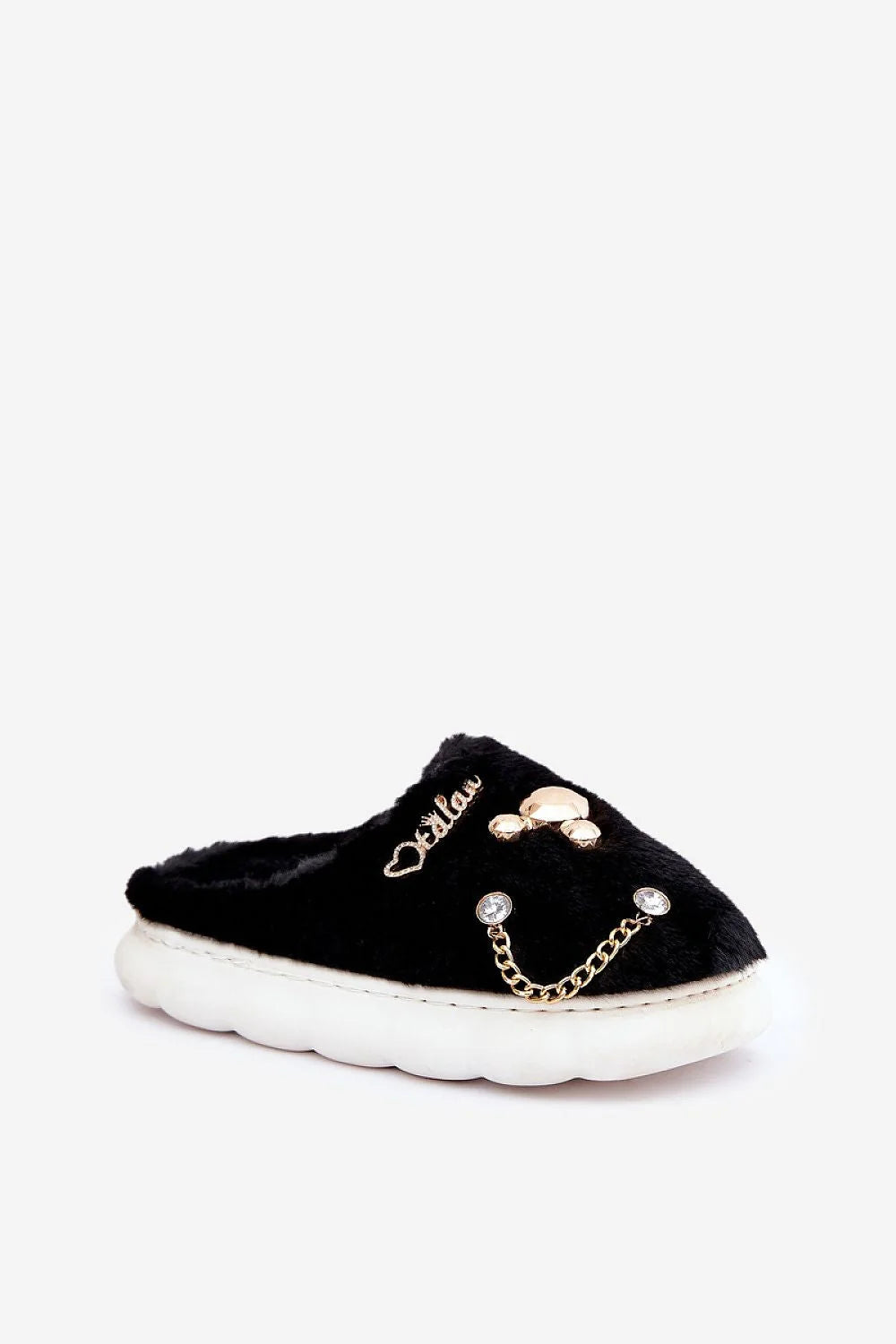 Pantoufles en fausse fourrure noire pour femme, design métallique, strass, semelle blanche, luxe décontracté, confort intérieur, style tendance