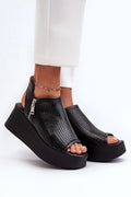 Sandales à semelles compensées pour femmes cuir naturel zip motif ajouré talon compensé noir style estival