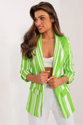 Veste femme design moderne rayures verticales vert vif blanc polyester coupe ajustée manches 3/4 sans boutons