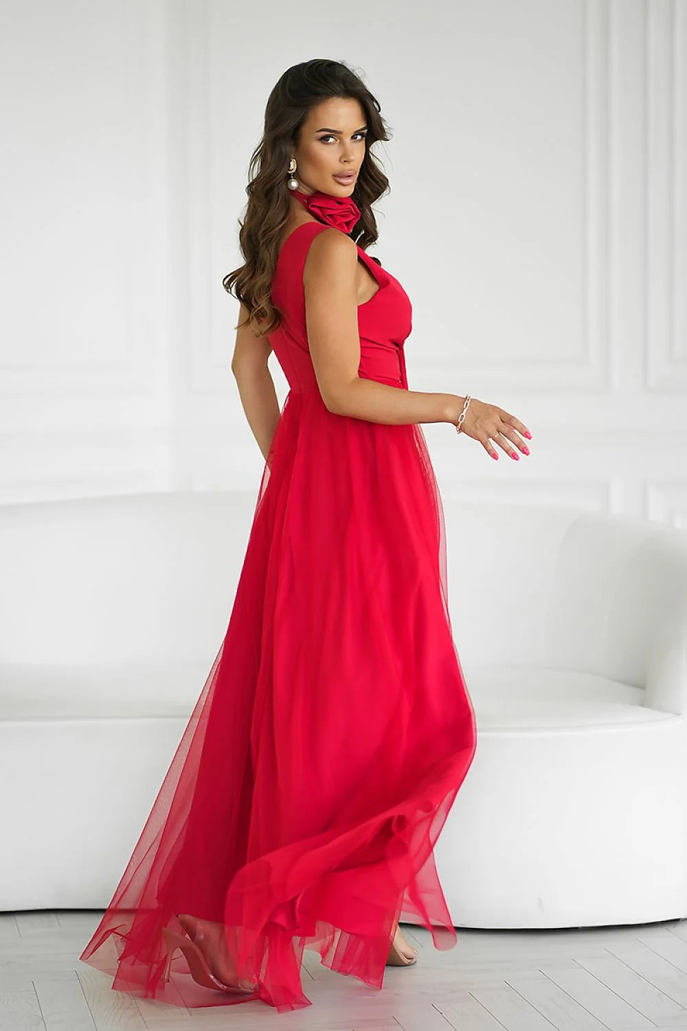 Robe longue élégante sans manches décolleté V fente haute couleur rouge vif tissu fluide ceinture rose femme