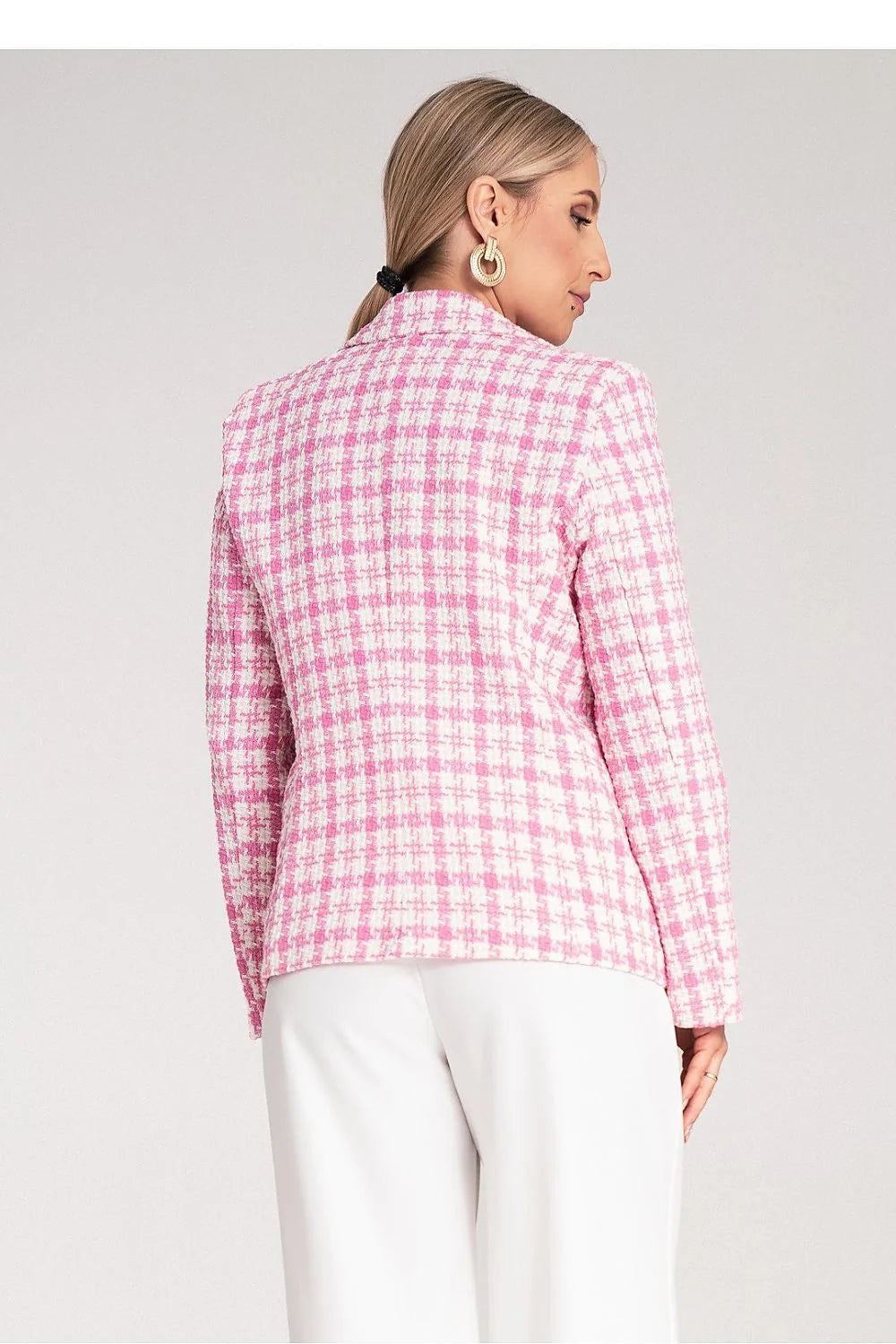 Blazer femme élégant à carreaux double boutonnage tissu jacquard 75% coton 25% polyester taille ajustée boutons dorés coupe moderne