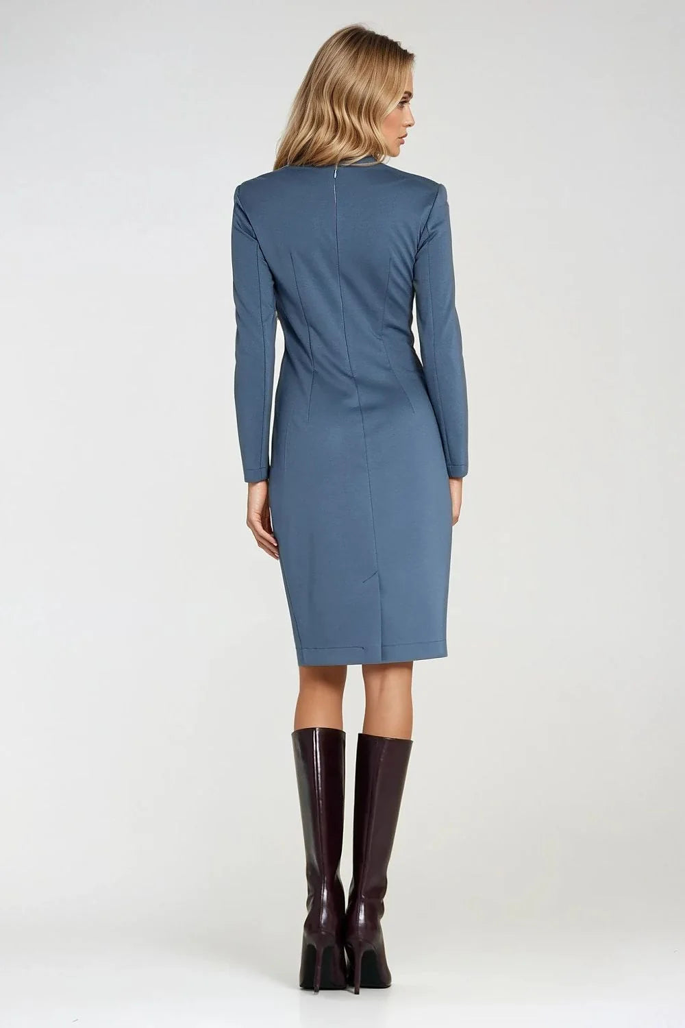 robe ajustée fourreau midi manches longues décolleté croisé V maille stretch bleu ardoise lignes princesse minimaliste chic maintien confort