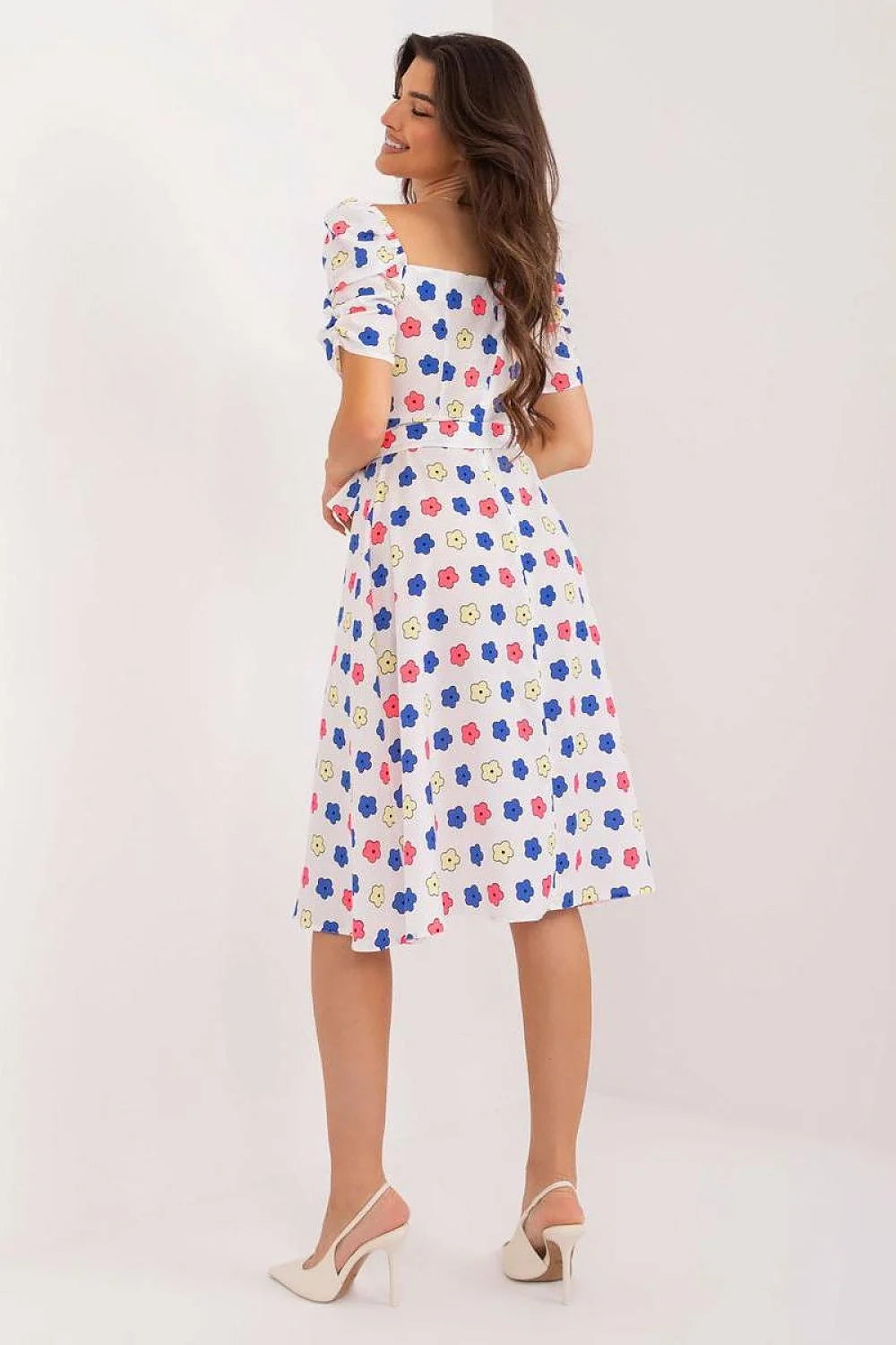 Robe de jour Lakerta pour jeune fille robe été motif floral bleu rose jaune encolure carrée manches bouffantes ceinture ajustable