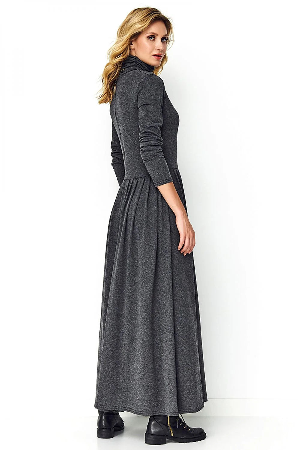 Robe longue jersey noir élégante col roulé manches longues fente haute femme mode chic