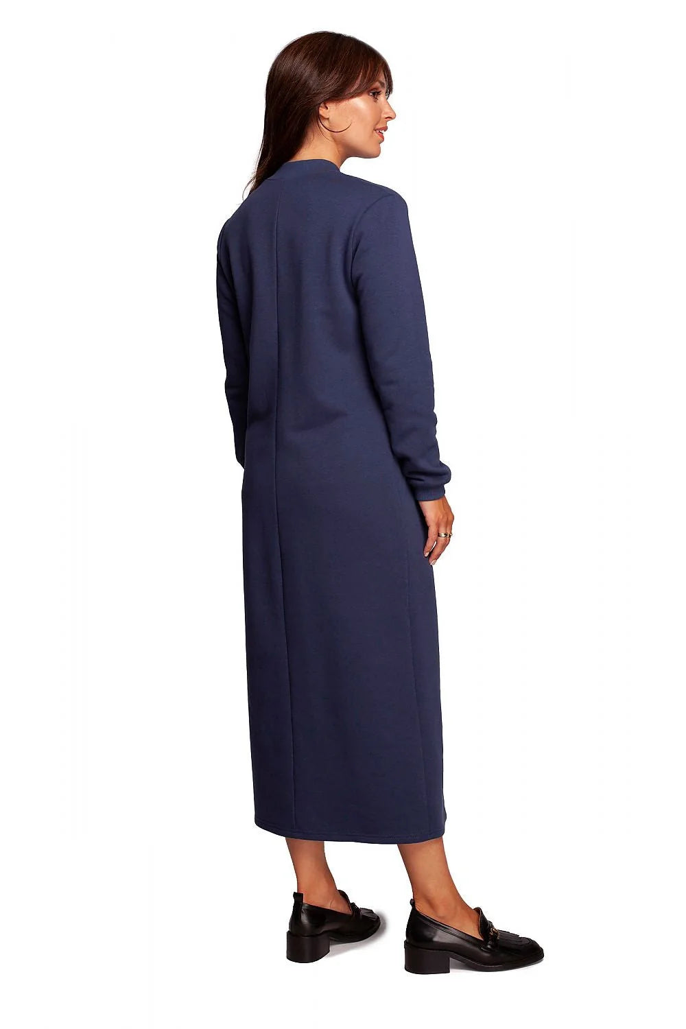 Robe de jour Be Wear longue en coton et polyester, fente haute, manches longues, encolure V, poches rabattables, style épuré, couleur violette profonde pour femme