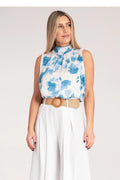 Chemisier sans manches fleuri en polyester 100% style élégant col montant motif floral bleu et blanc femme
