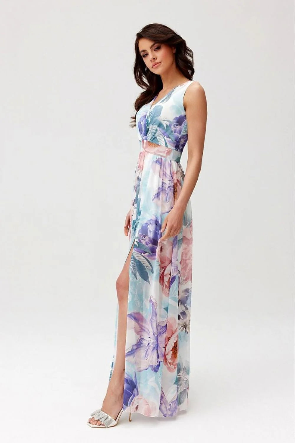 Robe de jour Roco Fashion longue en mousseline floral pastel V-dos large bretelles taille ajustée occasion été élégant femme