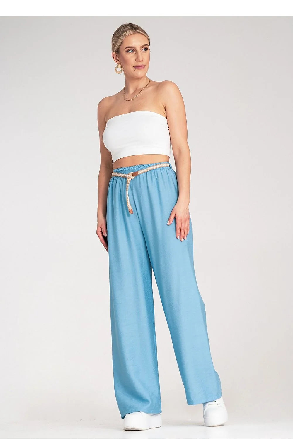 Pantalon femme Figl boho taille élastique ceinture tressée viscose 100% bleu clair style décontracté élégant été