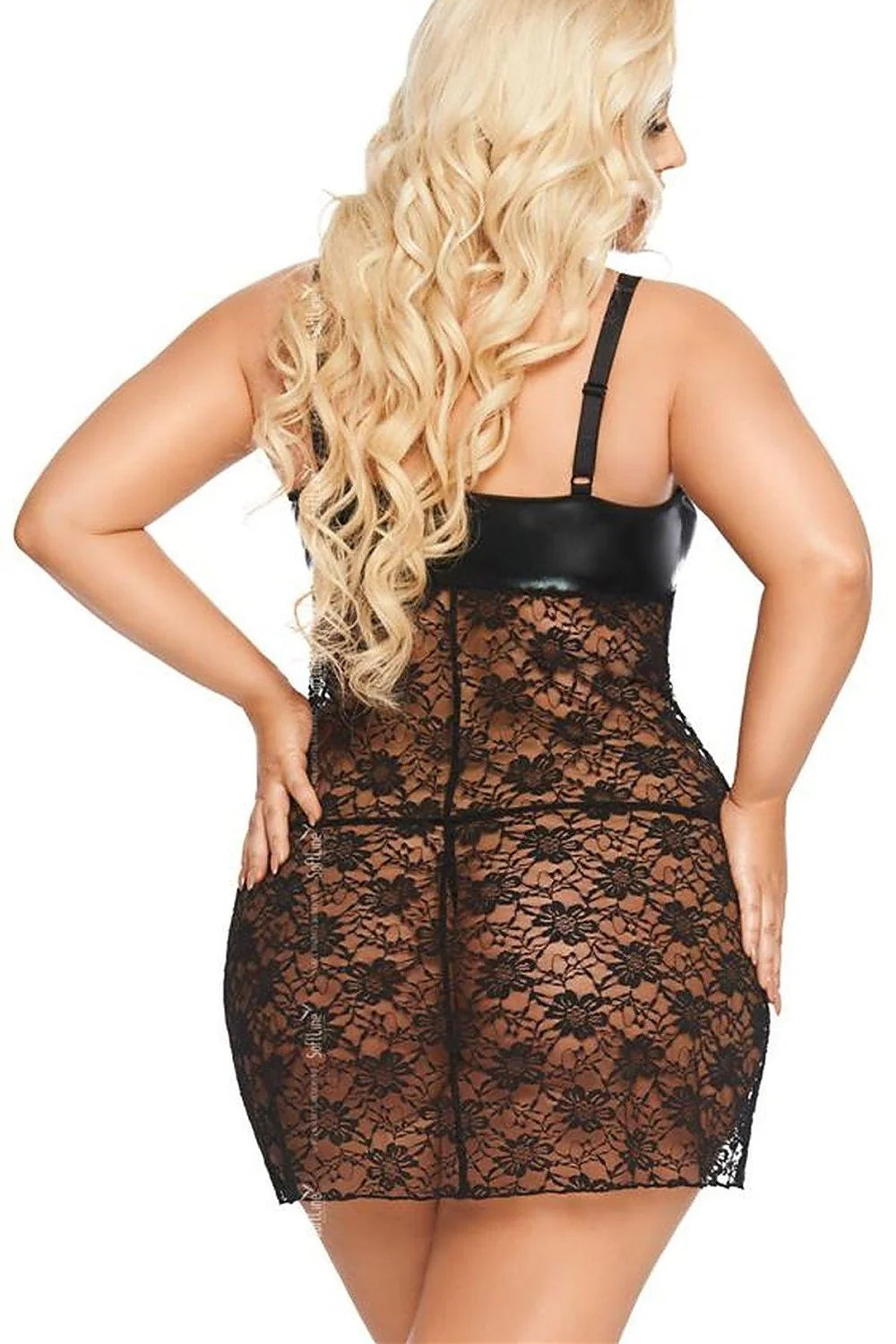 Robe sexy Soft Line Collection en similicuir et dentelle noire avec fermeture à glissière devant bustier structuré et bretelles ajustables pour femme