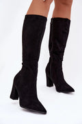 bottes hautes femme cuir suédé écologique noire talon colonne stable bout pointu fermeture éclair coupe ajustée mollet mousse chaude