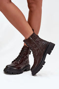 bottines femme cuir naturel marron foncé patiné effet froissé montantes cheville talon bloc bas lacets oeillets zippée semelle crantée adhérence