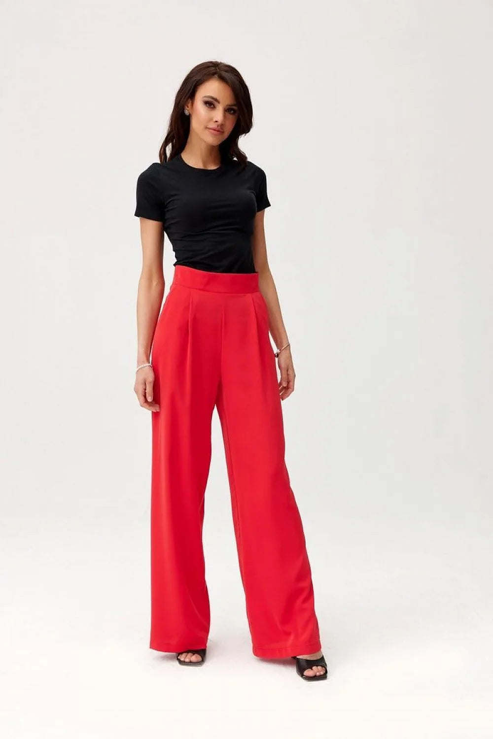 Pantalon femme Roco Fashion taille haute jambes larges couleur rouge vif matière fluide coupe ajustée