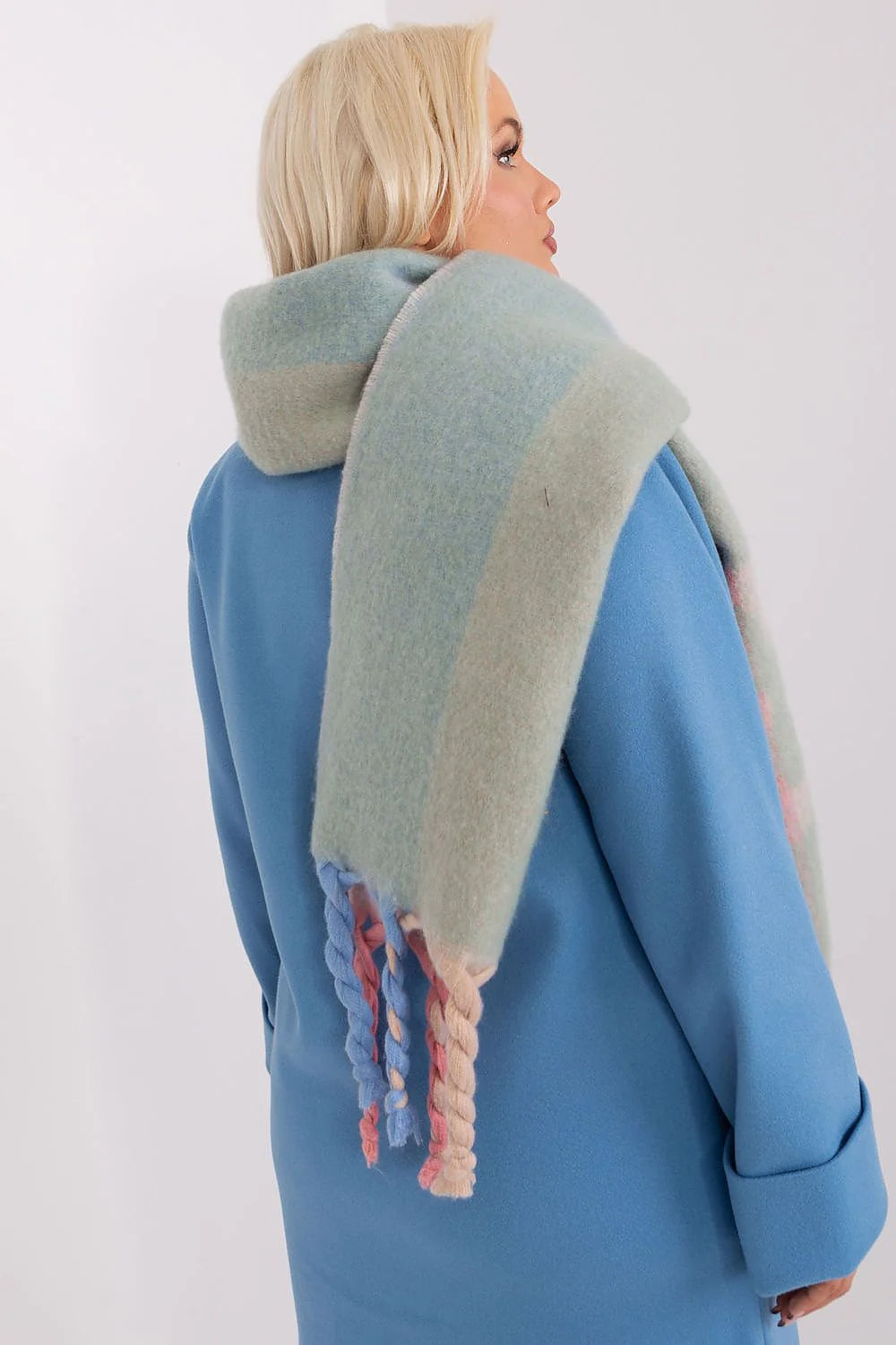 Écharpe et manteau pour femme en laine bleu clair et vert pâle, style élégant, coupe droite, manches longues, poches intégrées, franges tressées, automne-hiver