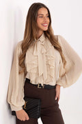 chemise femme manches longues col lavallière plissée mousseline beige volants superposés nœud décoratif bouffantes poignets ajustés coupe fluide ample