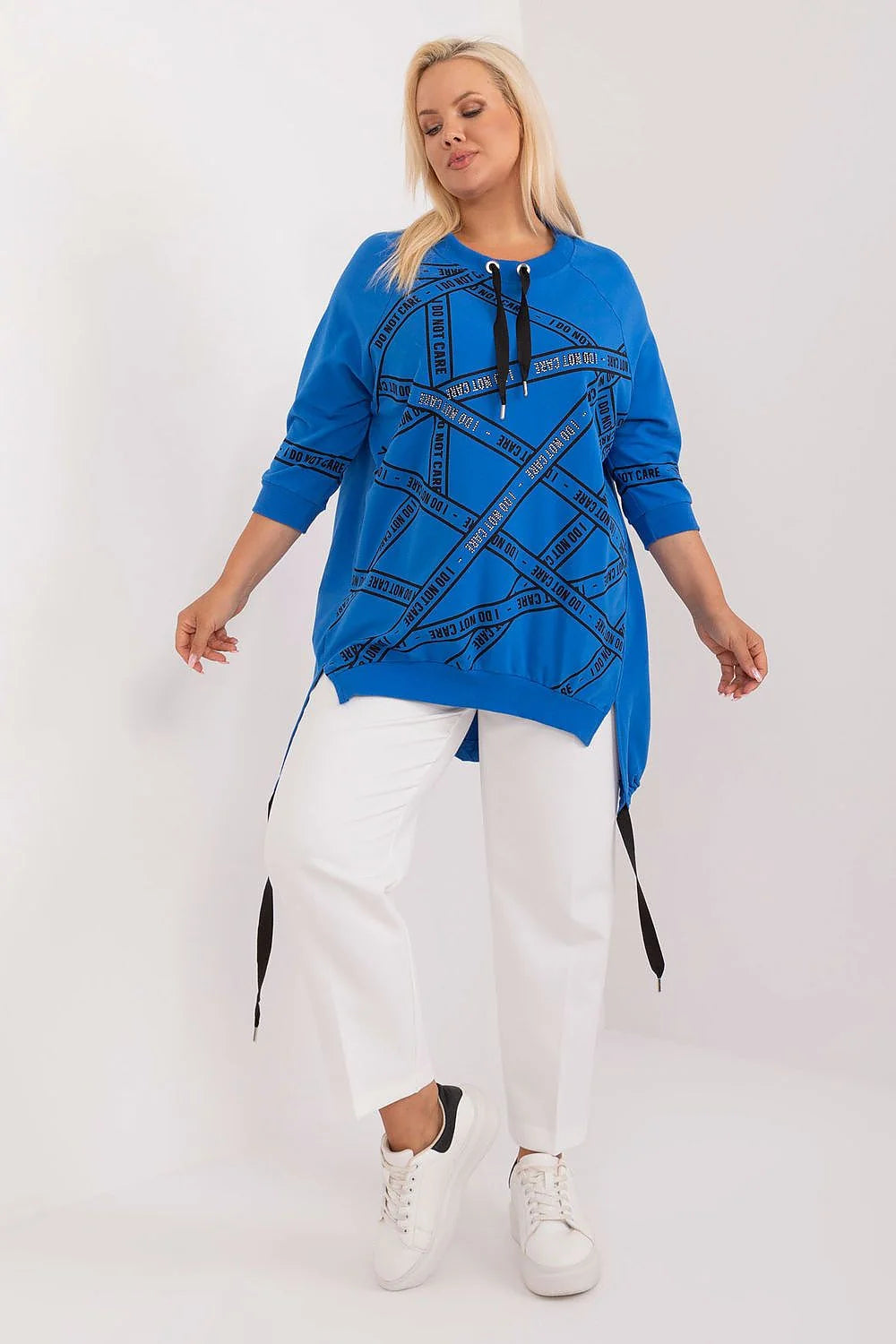 Chemisier grande taille style décontracté couleur bleu électrique motifs graphiques manches 3/4 encolure ronde strass polyester coton femmes vêtements mode