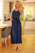 Robe longue pour femme en viscose bleu marine coupe droite ceinture ajustable en tissu fente latérale silhouette cintrée manches courtes encolure ronde occasion quotidienne