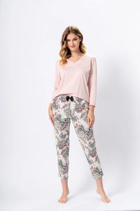 pyjama femme MMax pièces haut colV manches longues rose pâle coton doux pantalon cropped taille élastique imprimé léopardfeuillage