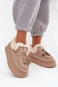 bottes neige femme suédine écologique plateforme compensée fourrure doublure semelle crantée coutures apparentes broderies pampilles beige crème isolantes confort hivernal