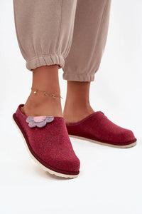 mules femme feutrine bordeaux appliqué pétale multicolore rose lilas bout rond semelle crantée beige caoutchouc cuir suédé confort