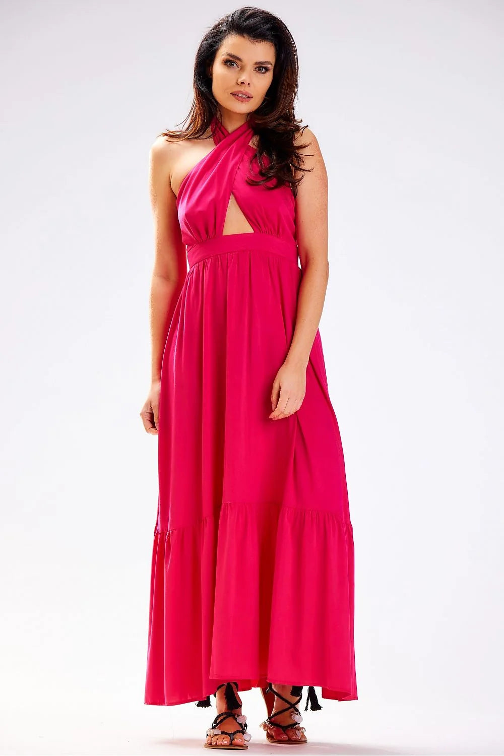 Robe longue fuchsia audacieuse pour femme, style élégant, sans manches, dos ouvert, tissu fluide, occasion estivale