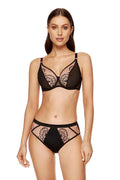 Ensemble de lingerie élégant pour femme, soutien-gorge et culotte taille haute, broderie florale, noir et beige, maille lisse, tulle, élastique, coton OEKO-TEX