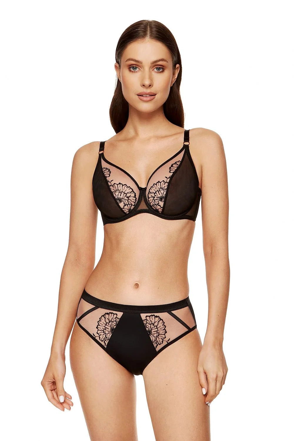 Ensemble de lingerie élégant pour femme, soutien-gorge et culotte taille haute, broderie florale, noir et beige, maille lisse, tulle, élastique, coton OEKO-TEX