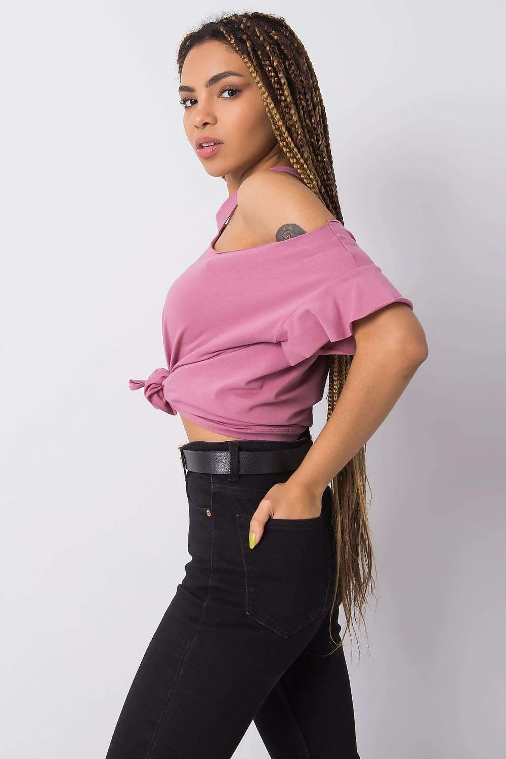 Blouse Fancy asymétrique pour femme, style cold shoulder, manches courtes, couleur rose vif, coton stretch, confortable, versatile, occasion多种