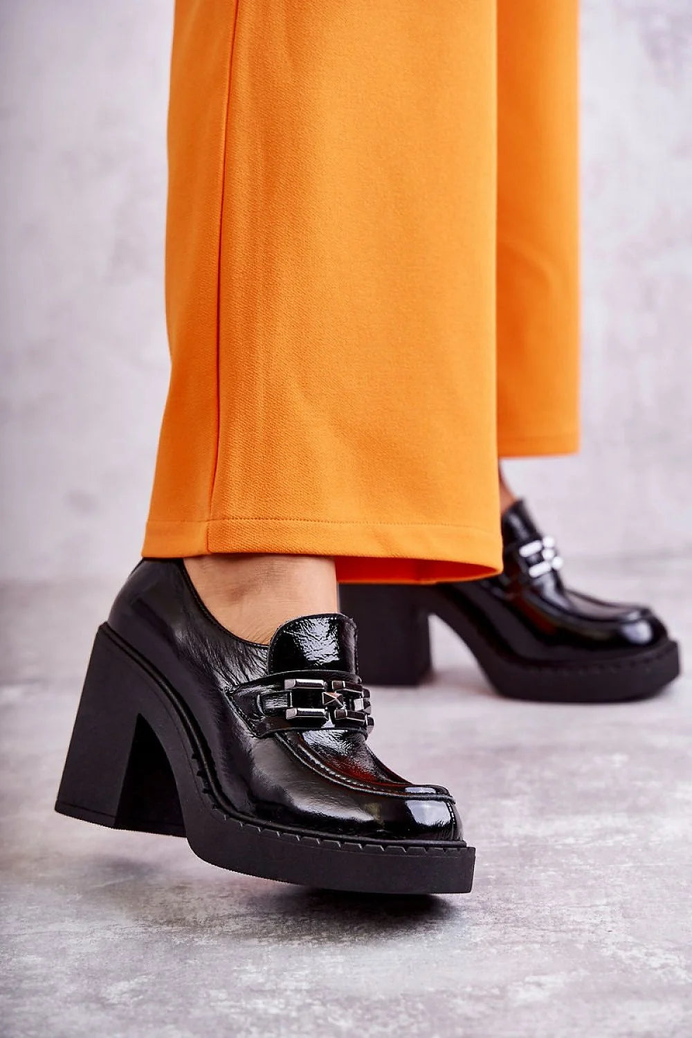 Chaussures basses à talons Step in style - Mocassin cuir verni noir talon bloc élégance femmes occasionnels habillés