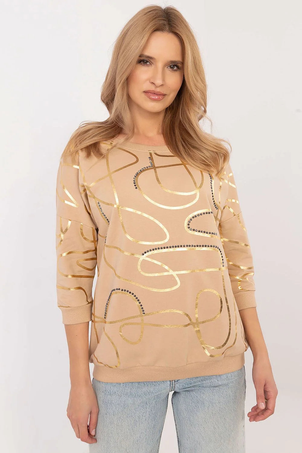 Chemisier femme moderne élégant motifs abstraits dorés strass noirs couleur beige doux coton polyester confort ajusté manches 3/4 encolure ronde finitions côtelées polyvalent occasion