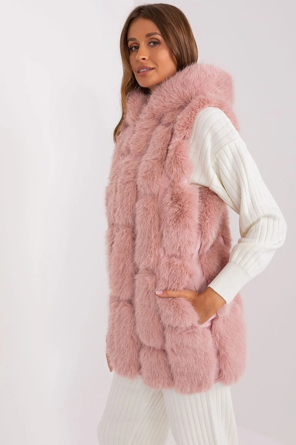 Gilet sans manches pour femmes fourrure artificielle rose pastel coupe droite doublure intérieure fermeture éclaire élégance hiver mode