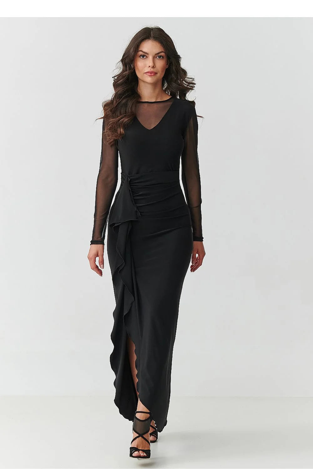 robe longue noire soirée maxi élégante féminine tulle transparent col V manches longues ajustée taille froncée drapé asymétrique fente avant