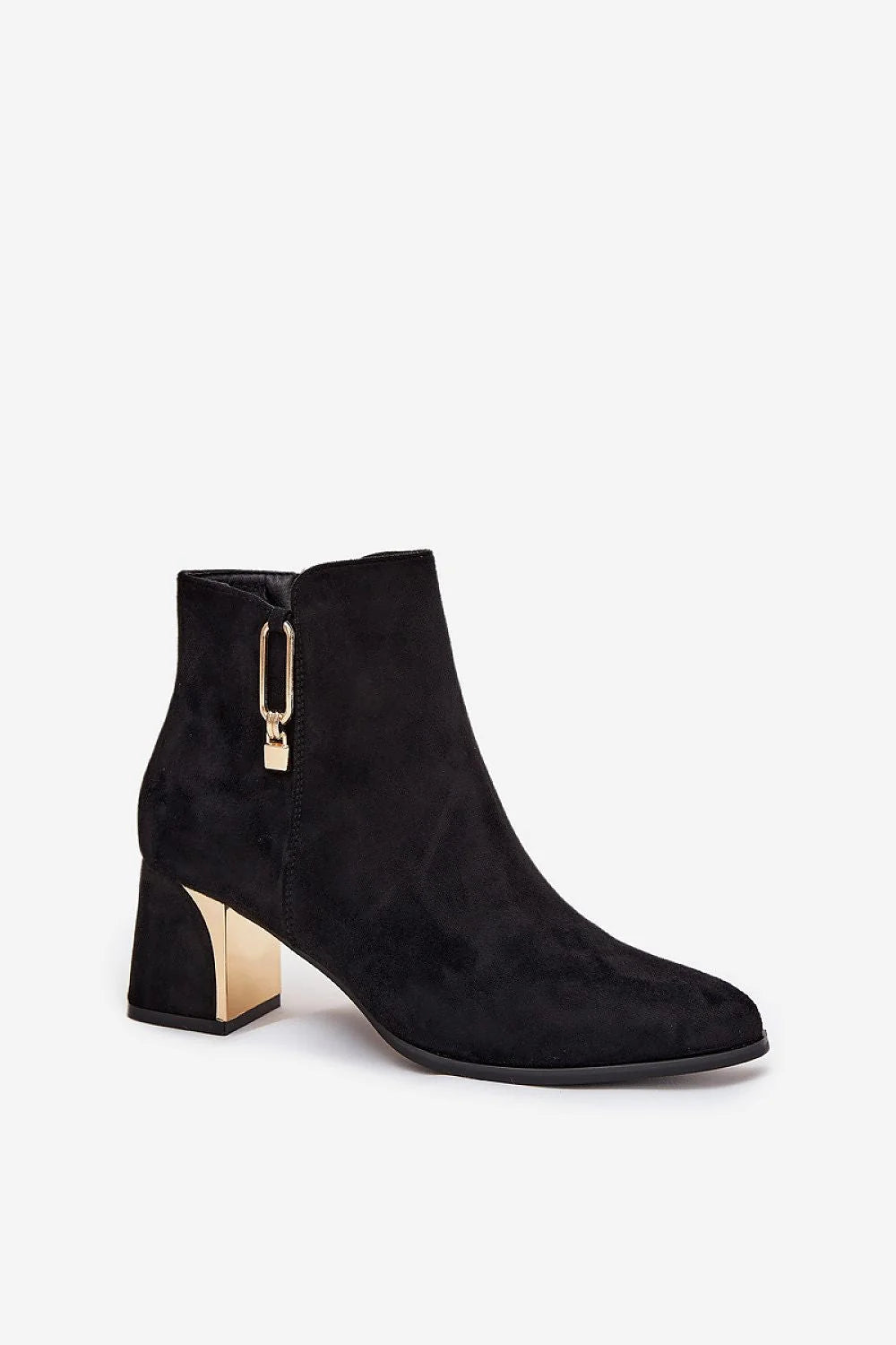 bottines suédine écologique noires cheville bout amande pointu fermeture zippée latérale talon bloc mi haut or métallisé confortable élégante