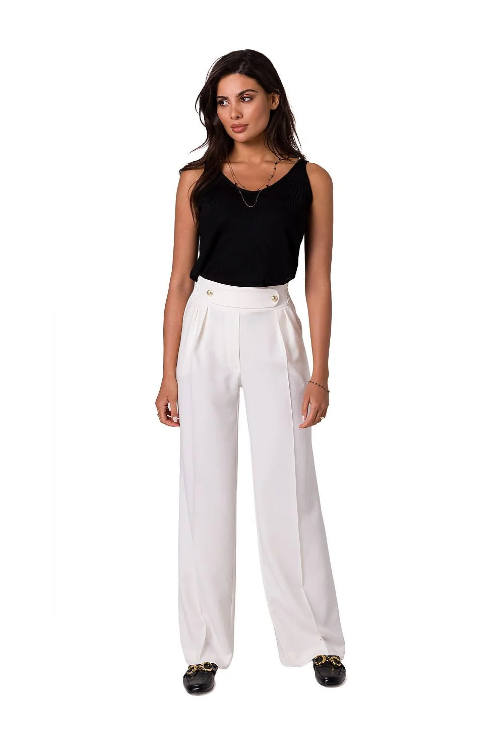 Pantalon long Be Wear en tissu léger, blanc, taille haute, coupe ample, boutons dorés, pour femmes élégantes
