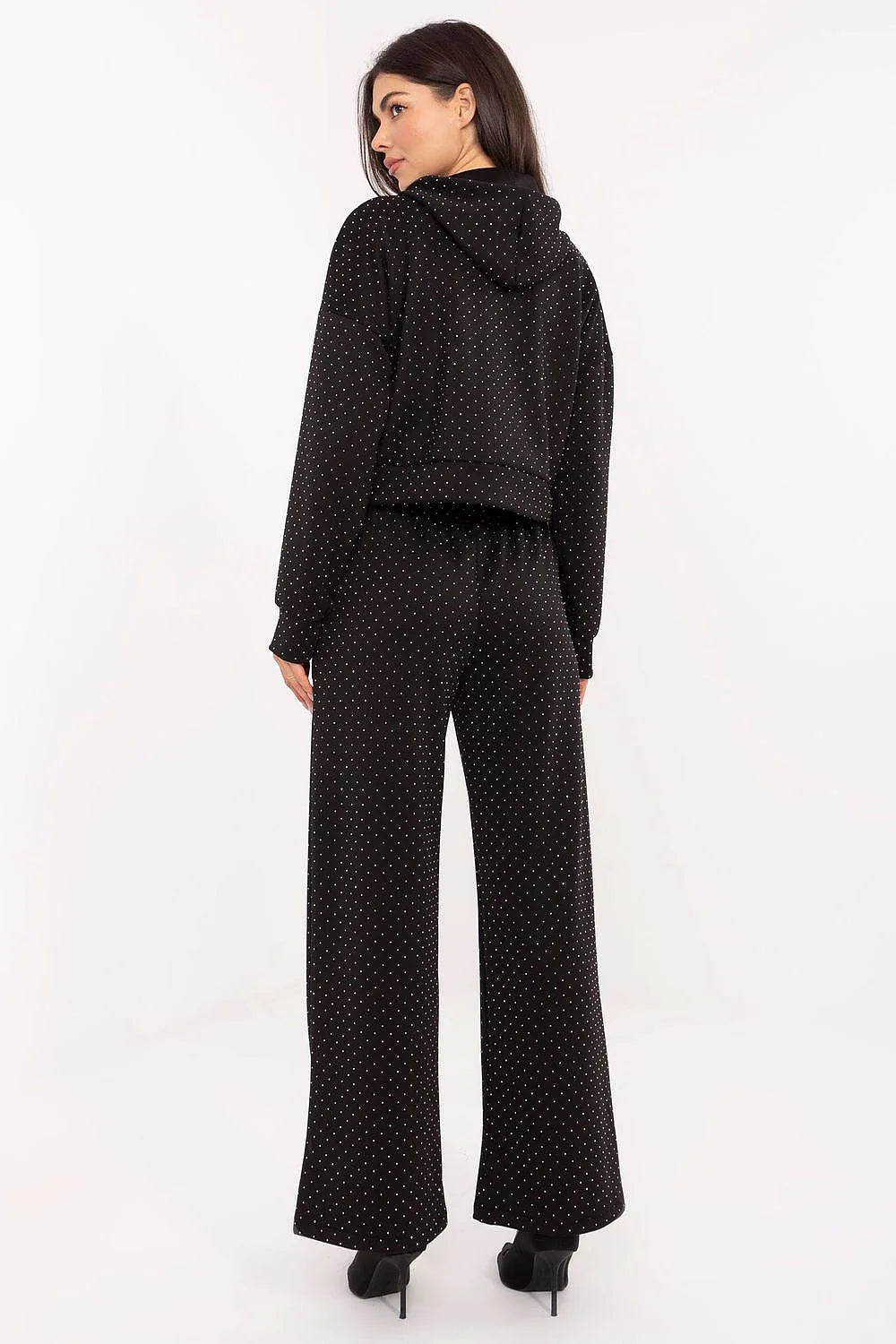 ensemble survêtement femme crop sweat capuche cordon contrastant pantalon taille haute jambes larges poches strass scintillant stretch noir