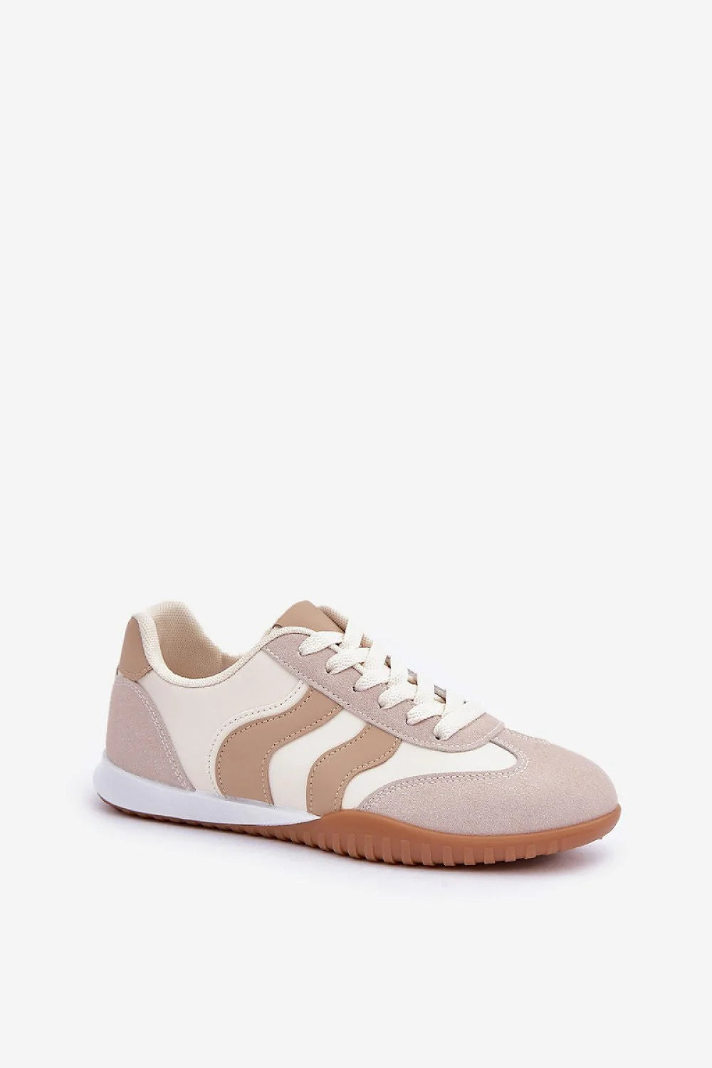 Chaussures de sport Step in style basses élégantes simili cuir beige taupe style rétro lacets blancs semelle caoutchouc femmes