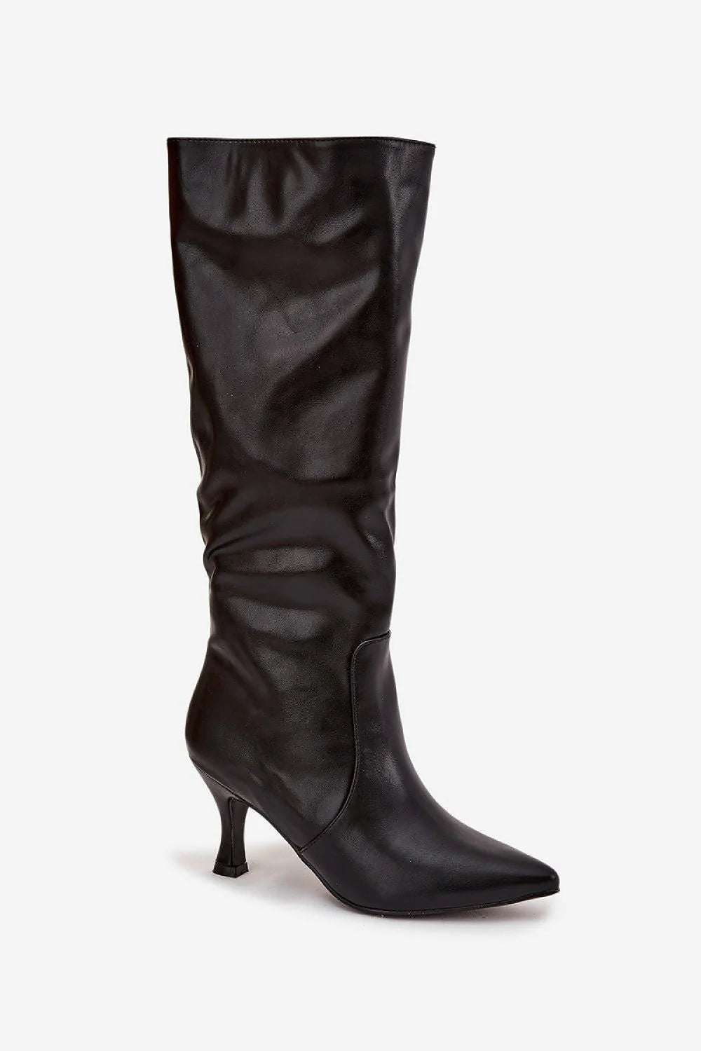 bottes hautes femme simili cuir noir tige mi mollet silhouette ajustée bout pointu talon aiguille fermeture éclair latérale