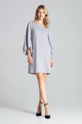 Robe midi polyester élégante manches bouffantes grise style intemporel pour femme moderne toutes occasions
