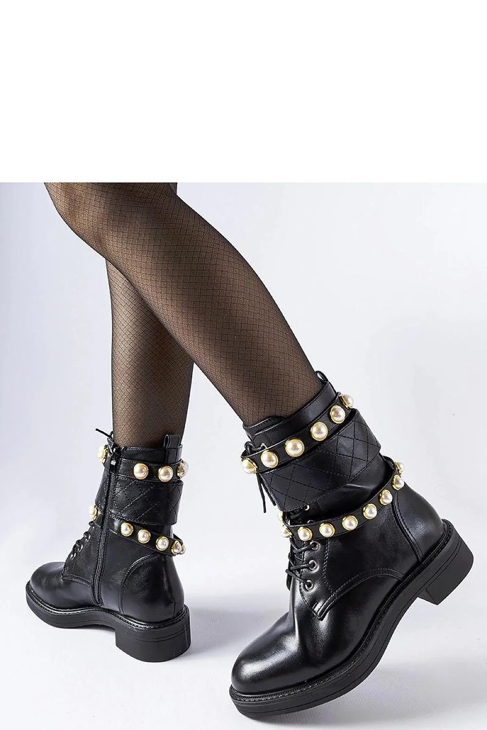 Bottines femmes design audacieux élégant similicuir noir perles blanches bout rond laçage latéral fermeture éclair semelle crantée