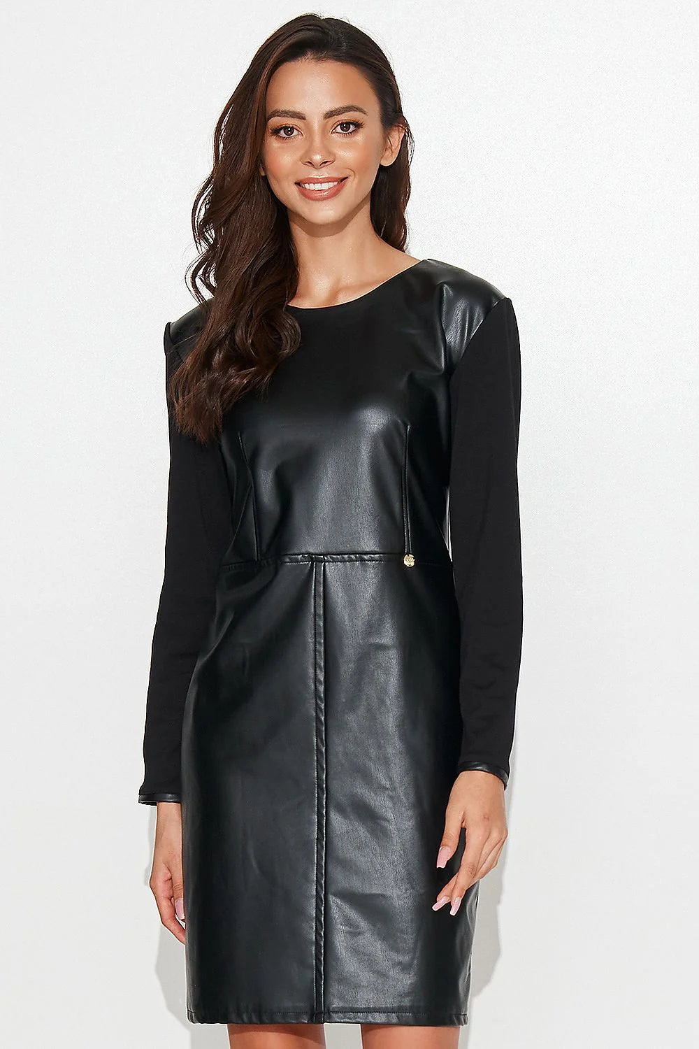Robe de jour Numinou courte manches longues cuir tricot noir moderne élégant femmes occasion semi-formelle