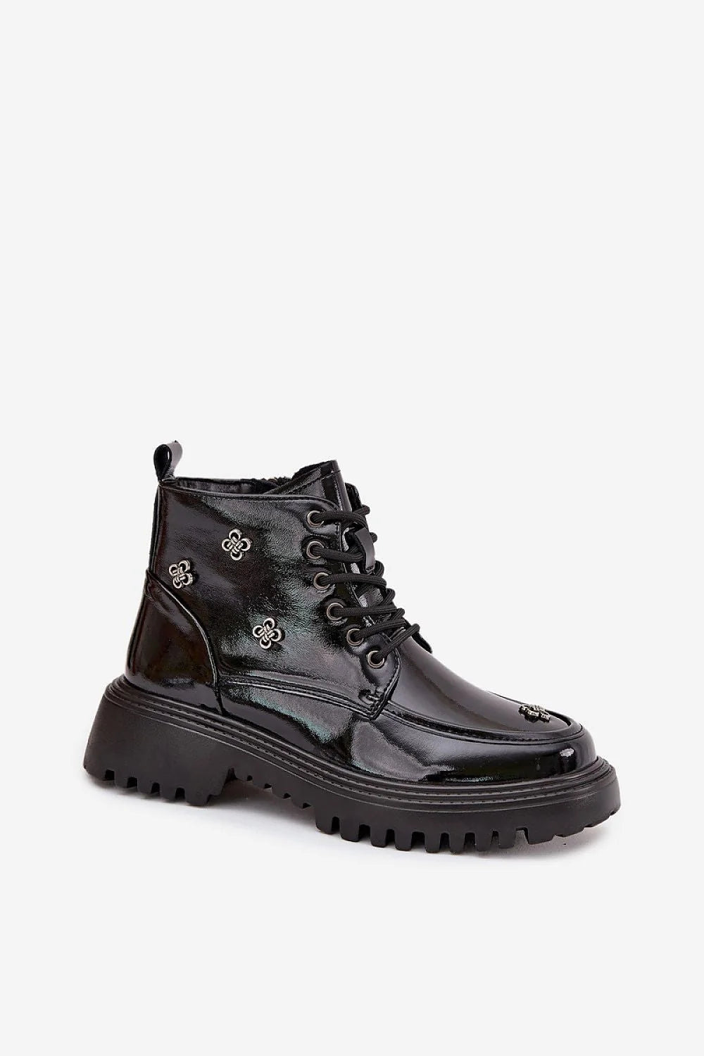 bottines femme Artiker cuir naturel fourrure doublée verni noir brillant chunky military lacets fermeture œillets métalliques semelle plateforme crantée antidérapante