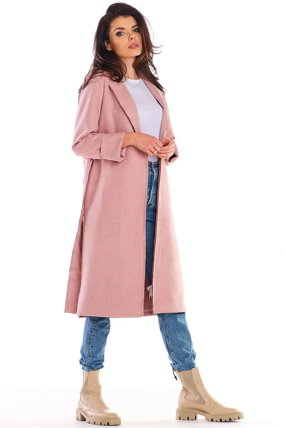 Manteau femme daim doux moderne rose pâle coupe droite élégant style urbain streetwear chic