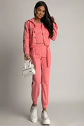 Ensemble vêtements femme rose saumon 3 pièces veste crop top pantalon style décontracté streetwear modern