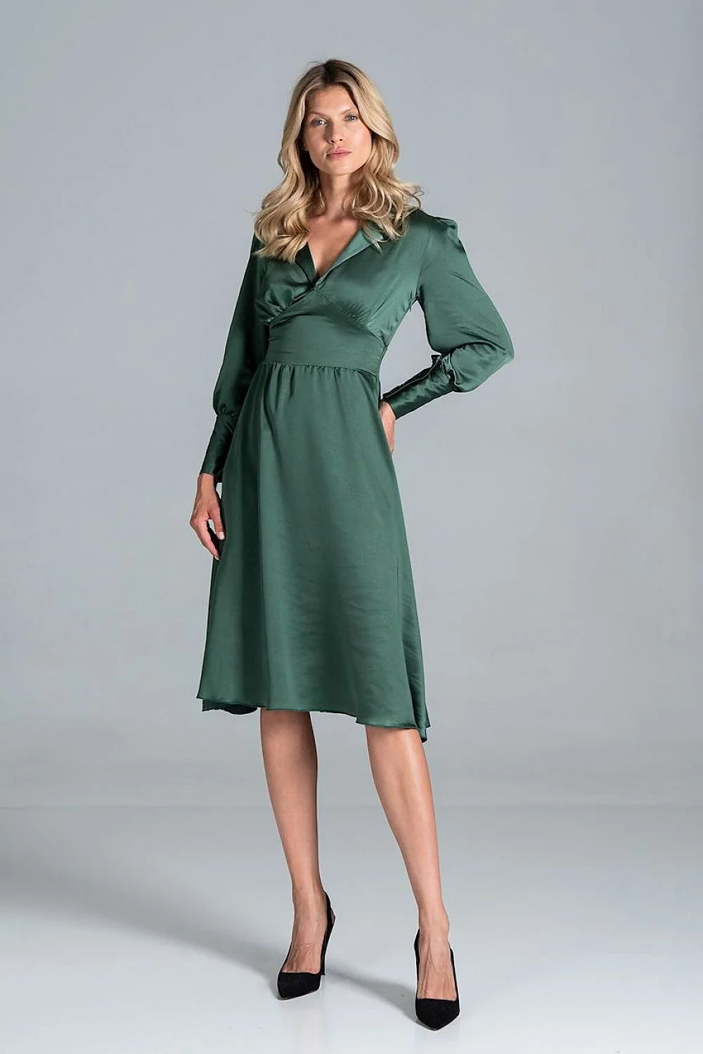 Robe satin vert foncé élégante manches longues dos nu ajustable événements formels femme chic