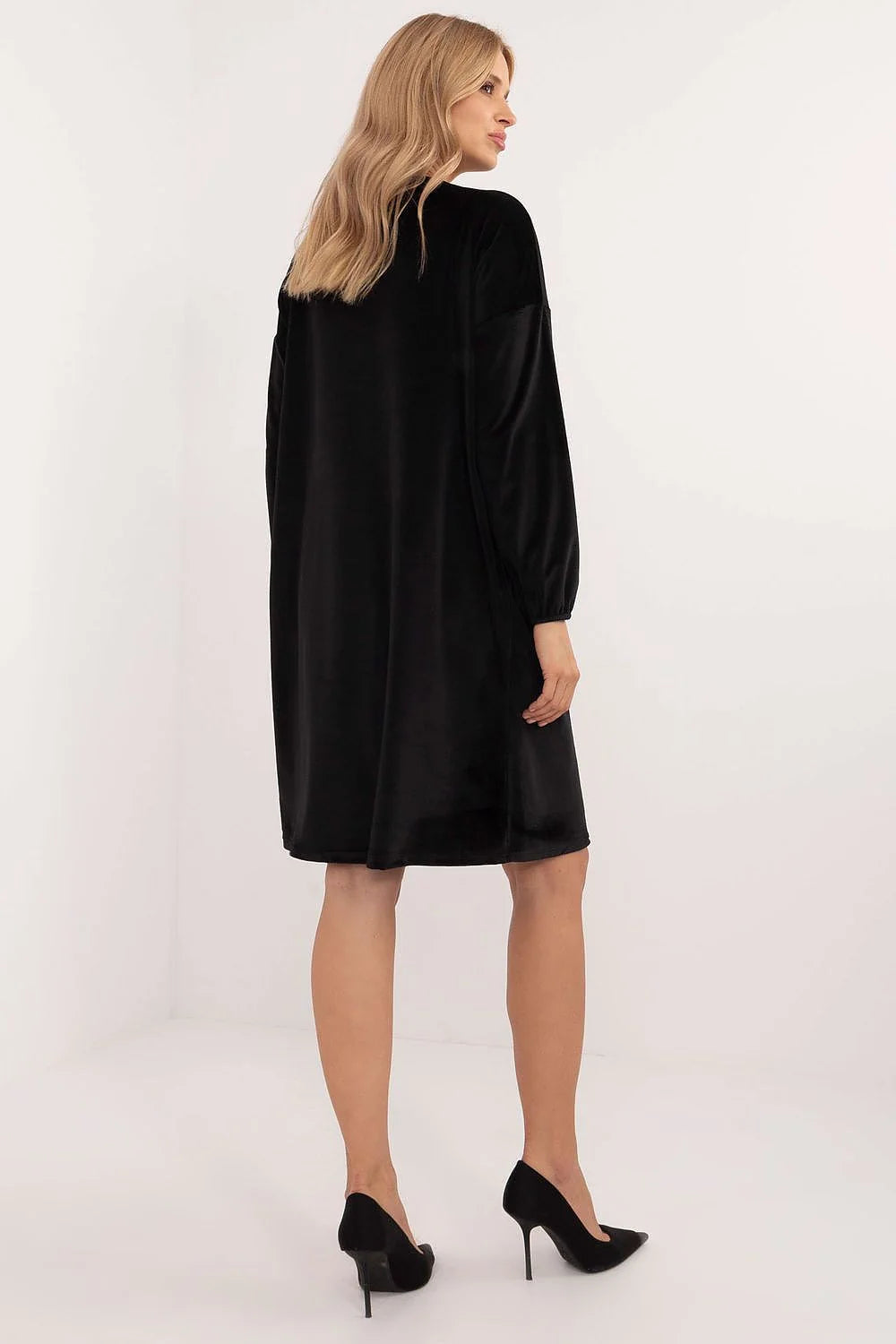 Robe de jour Italy Moda en velours noir élégante manches longues encolure en V détails dorés femmes confortables occasions multiples